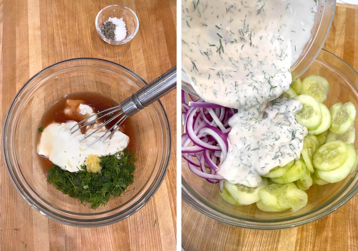 creamy dill dressing ingredients in a bowl with whisk, pouring dressing over cucumbers and red onion.