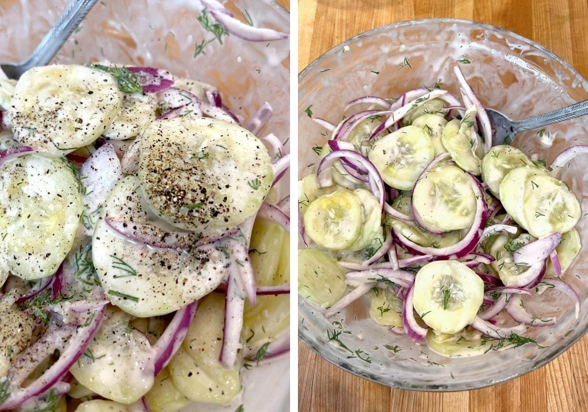 pepper added to salad, salad mixed in bowl.