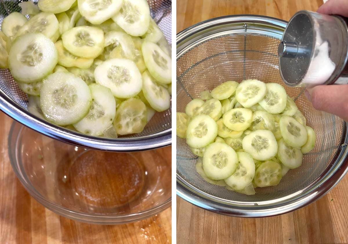 sliced cucumbers in sieve over a bowl, salting the cucumber slices.