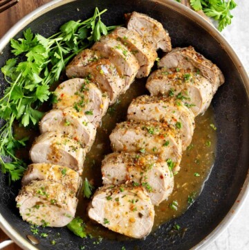 2 Pork Tenderloins sliced in a skillet