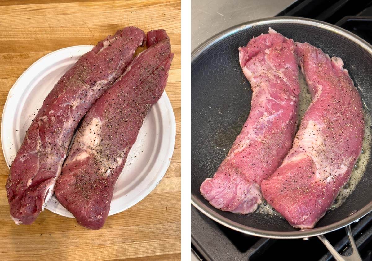 2 raw pork tenderloins seasoned with pepper, then in a skillet