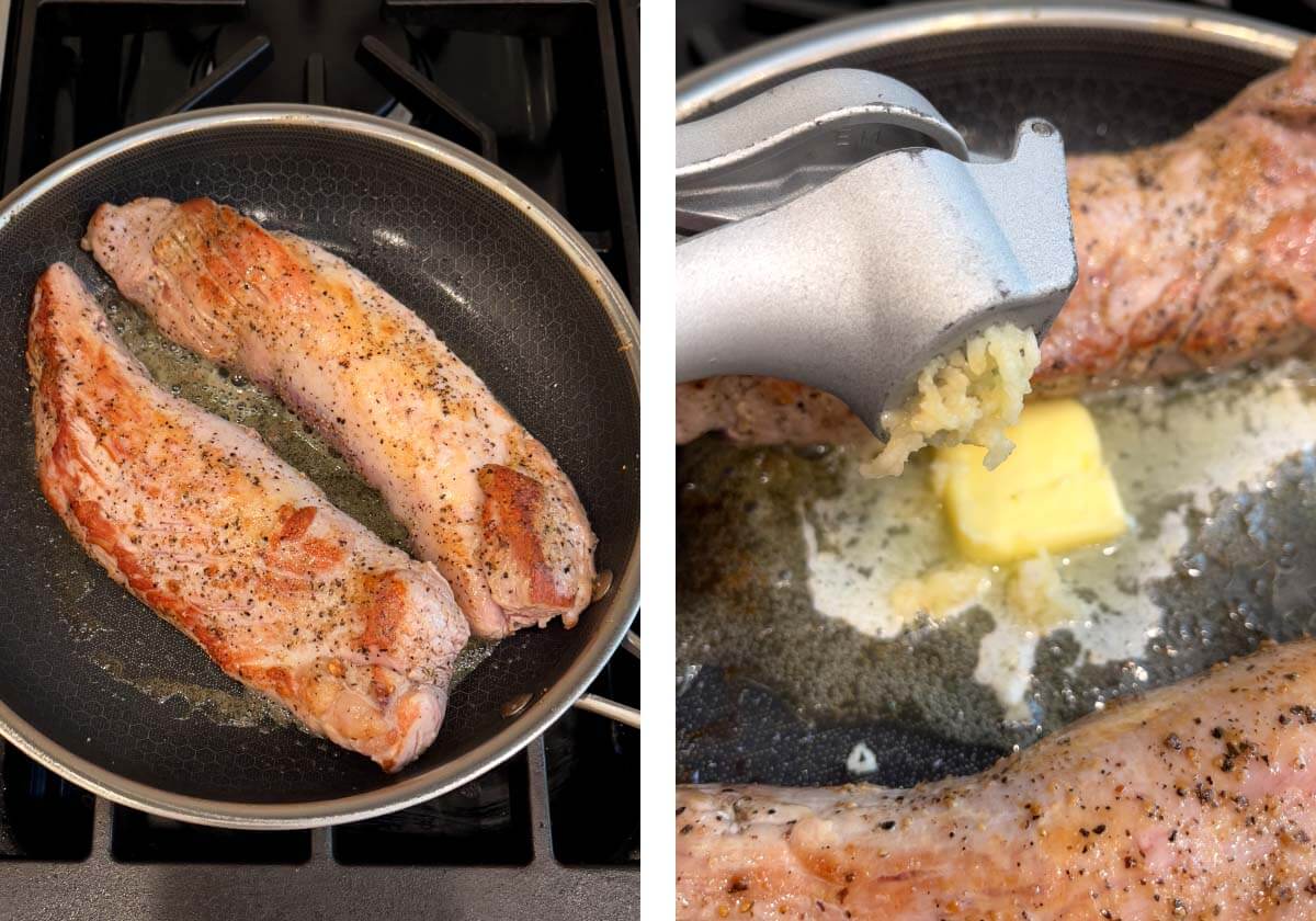 2 pork tenderloins searing in a skillet, butter and garlic added.