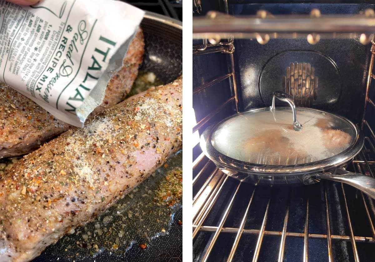 Sprinkling Italian seasoning on pork tenderloin, skillet with lid in oven.