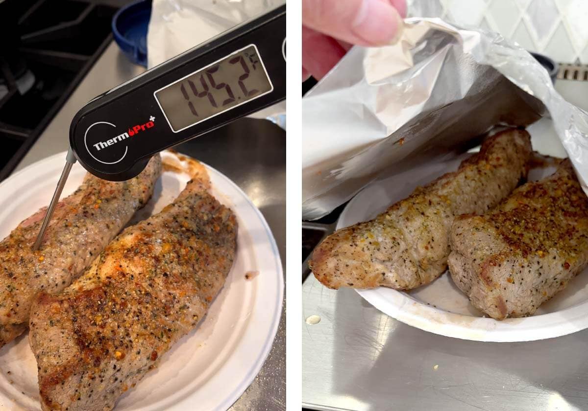 taking temperature of pork with digital thermometer, 2 pork roasts under tented foil.