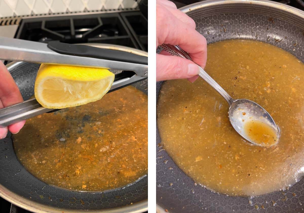 adding lemon juice to pan sauce, stirring pan sauce.