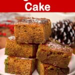 5 pieces of Old-Fashioned Gingerbread Cake on a white plate.