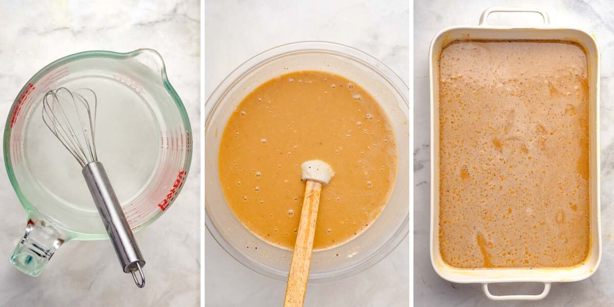 baking soda added to boiling water, water added to cake batter, batter poured into baking dish