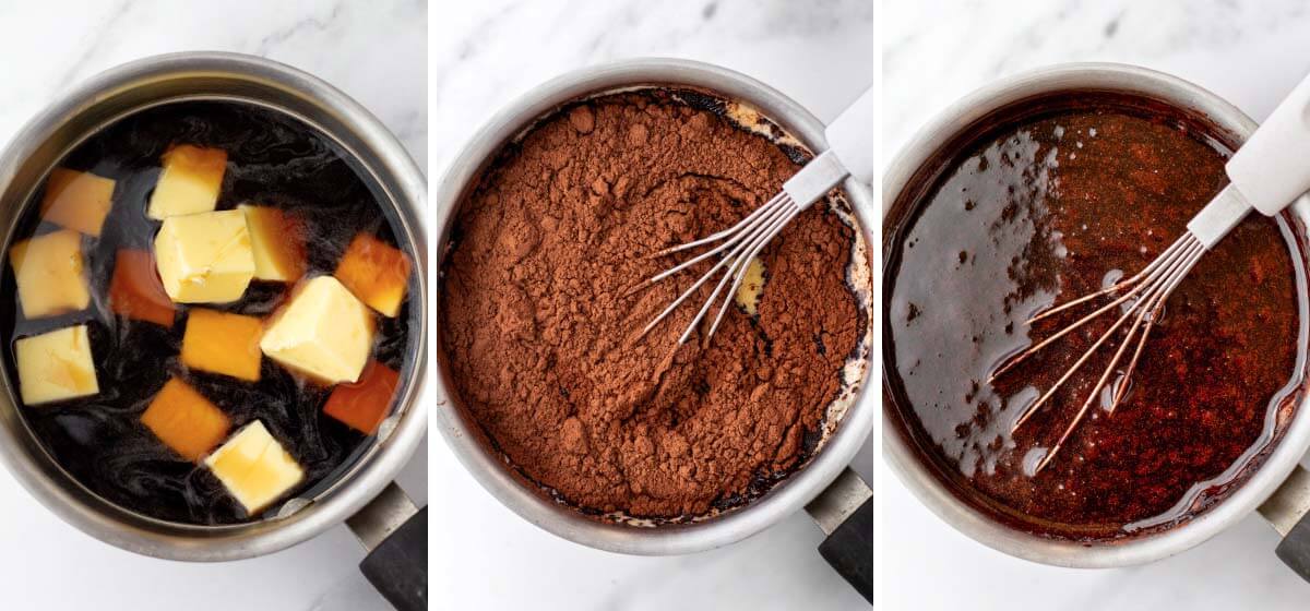 saucepan with guinness, butter, cocoa added, mixed