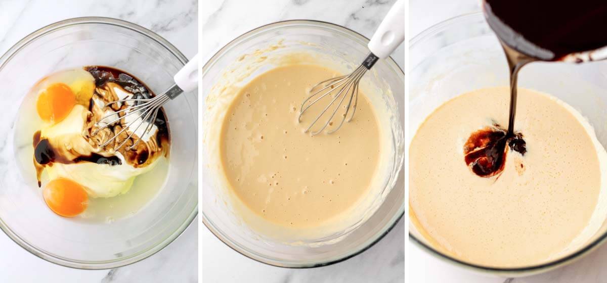 whisking egg, sour cream, vanilla, mixed, adding guinness mixture