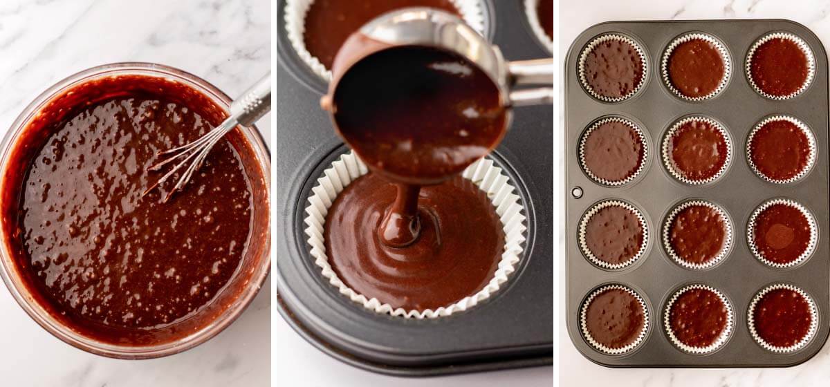 batter mixed, filling cupcake liner with batter, 12 holes filled