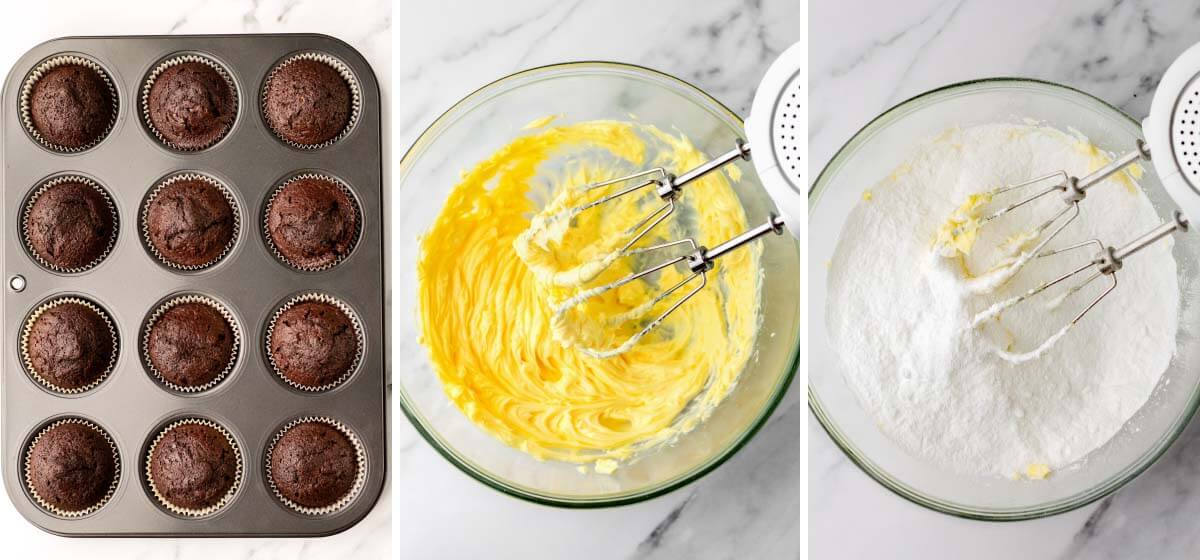 12 baked cupcakes baked, mixing butter, powdered sugar added