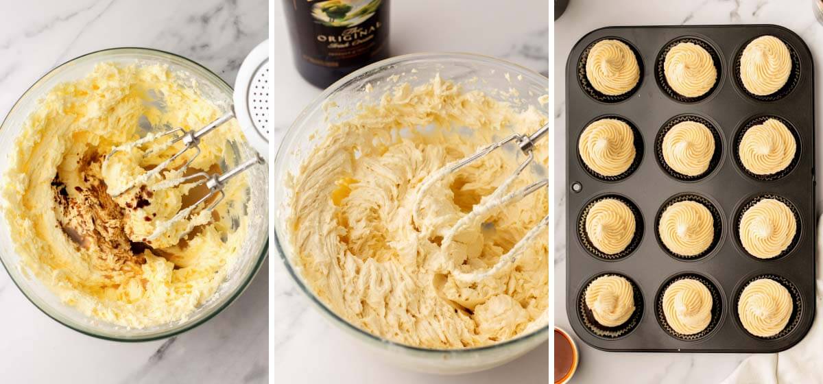 baileys and vanilla added to butter mixture, frosting in bowl, 12 frosted cupcakes