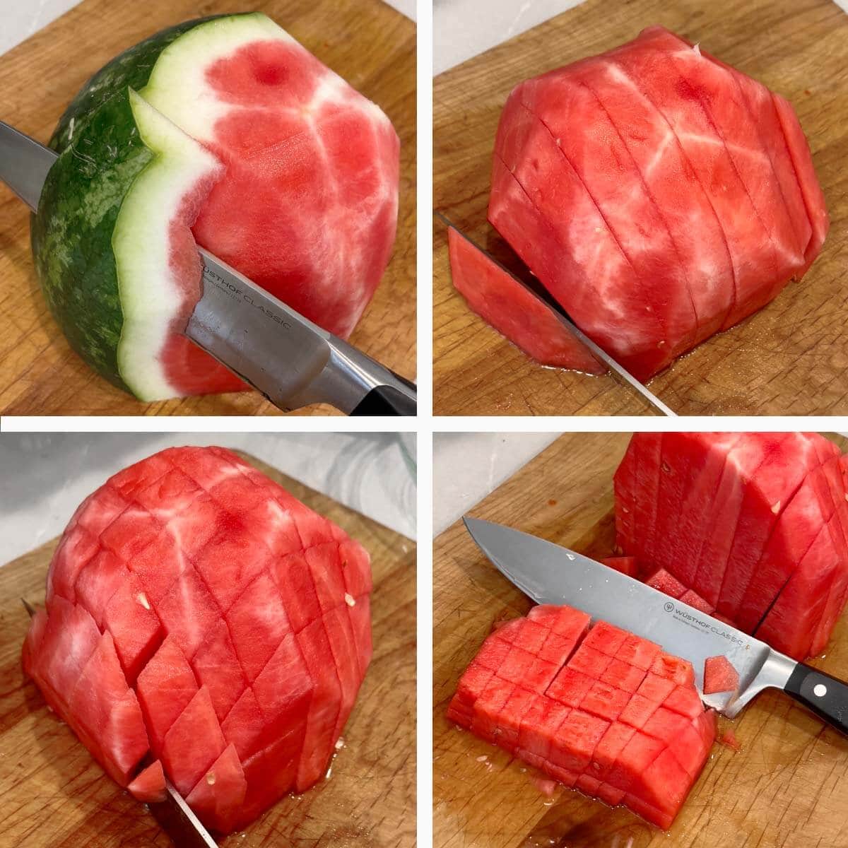 4-image collage showing how to cut a watermelon.