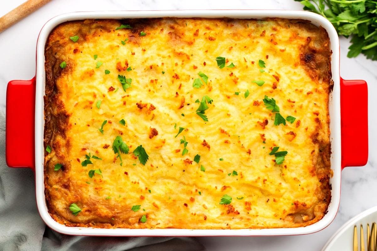 Irish Cottage Pie in a baking dish after baking