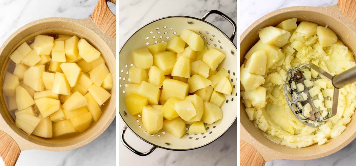 boiling, straining, mashing potatoes