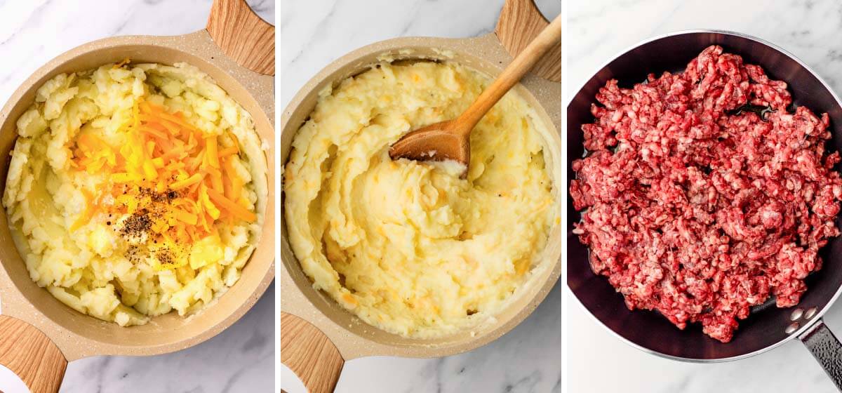 cheese in mashed potatoes, stirred, ground beef in skillet