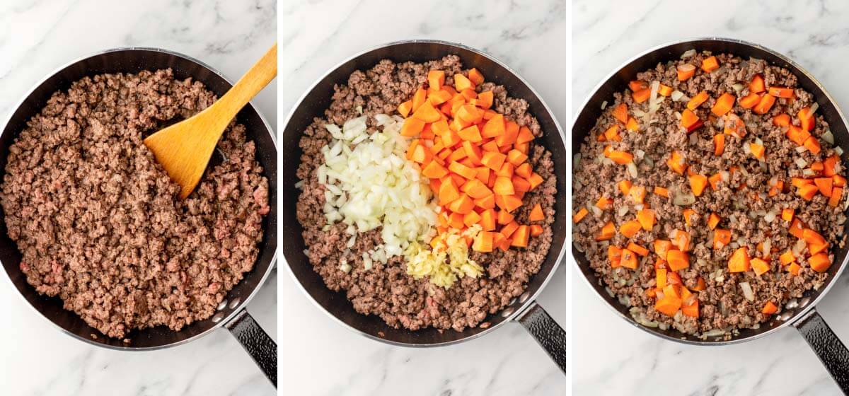 cooking ground beef in skillet, onion, carrots, garlic added, stirred