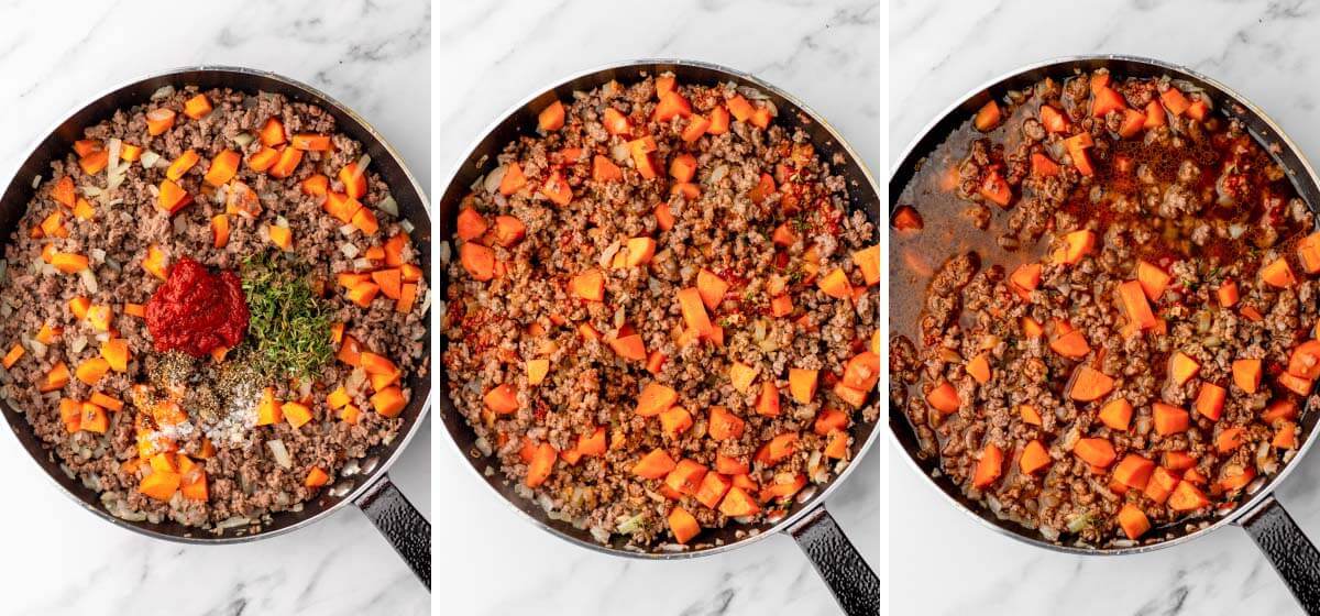 seasonings added to beef in skillet, stirred, Guinness and beef broth added