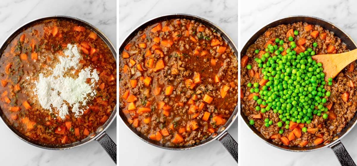 flour added to beef and broth mixture in skillet, stirred, peas added
