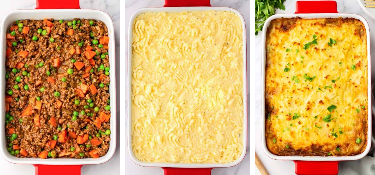 beef filling in baking dish, mashed potatoes on top, after baking.