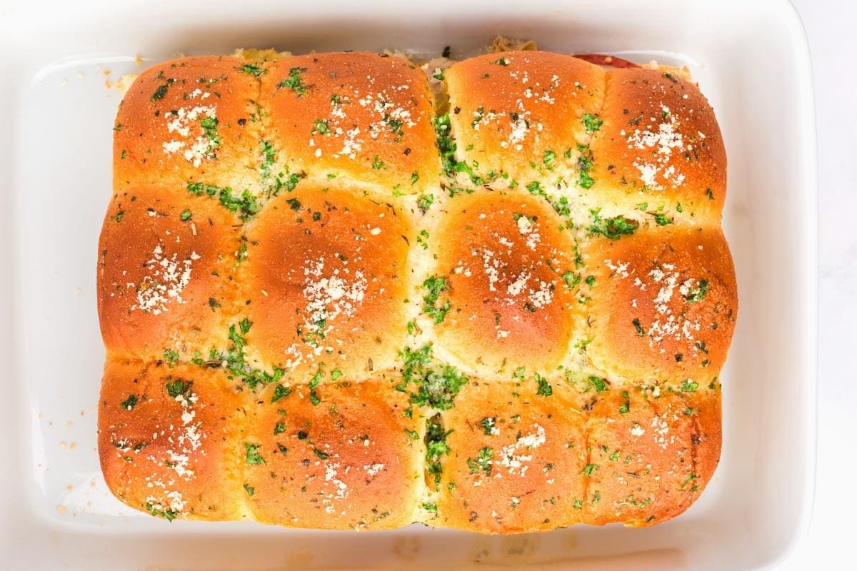 Italian Sub Sliders in baking dish, top down