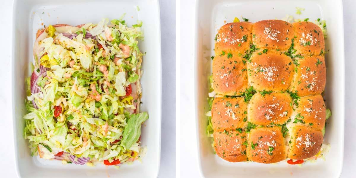 Lettuce added to sliders, top buns added