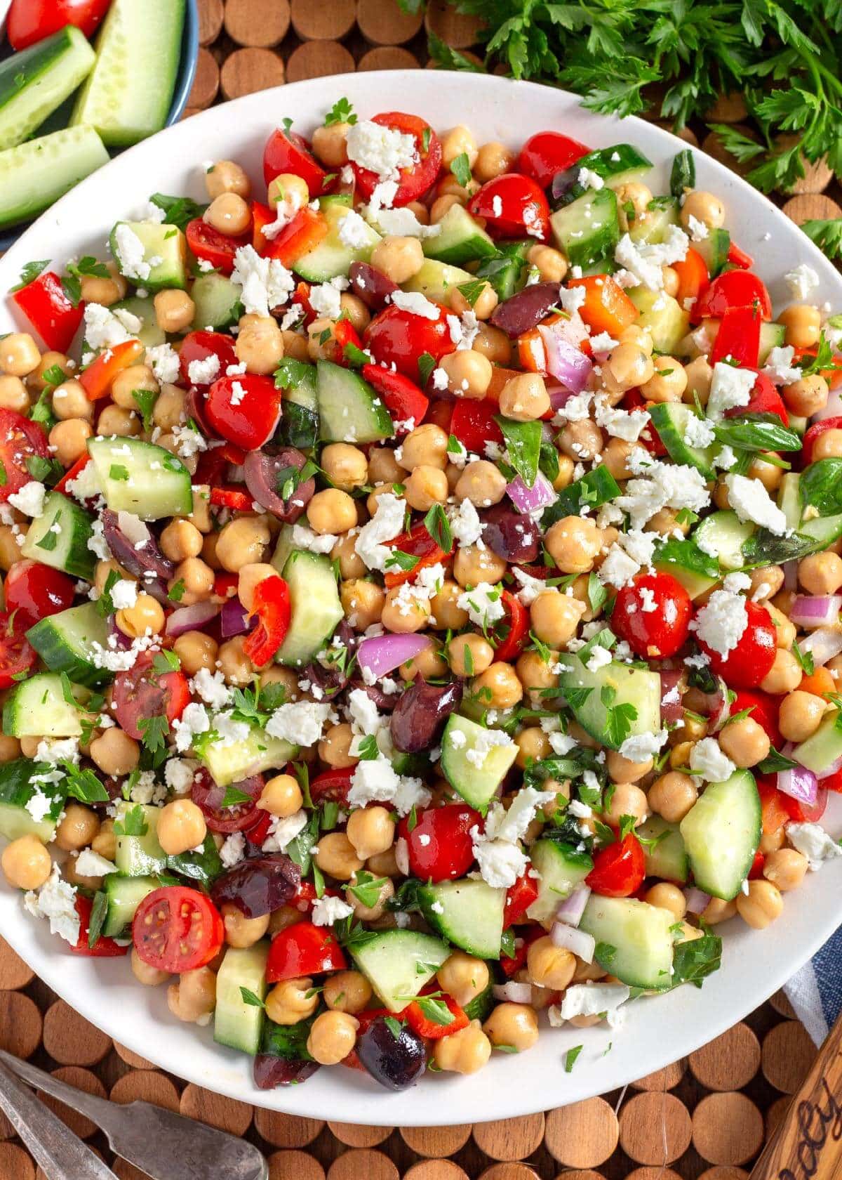 Mediterranean Chickpea Salad in a white bowl