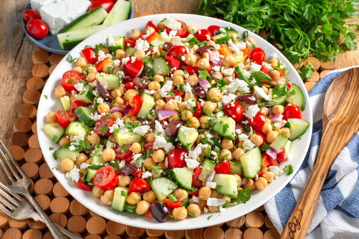 Mediterranean Chickpea Salad in a white bowl