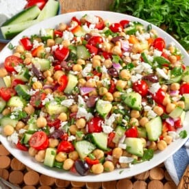 Mediterranean Chickpea Salad in a white bowl