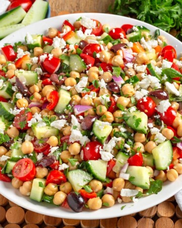 Mediterranean Chickpea Salad in a white bowl