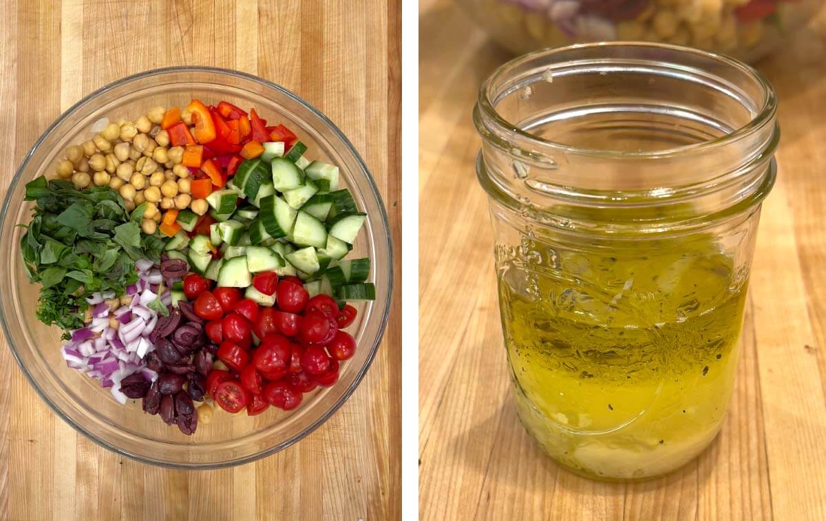 vegetables added to glass bowl, vinaigrette ingredients in a jar.