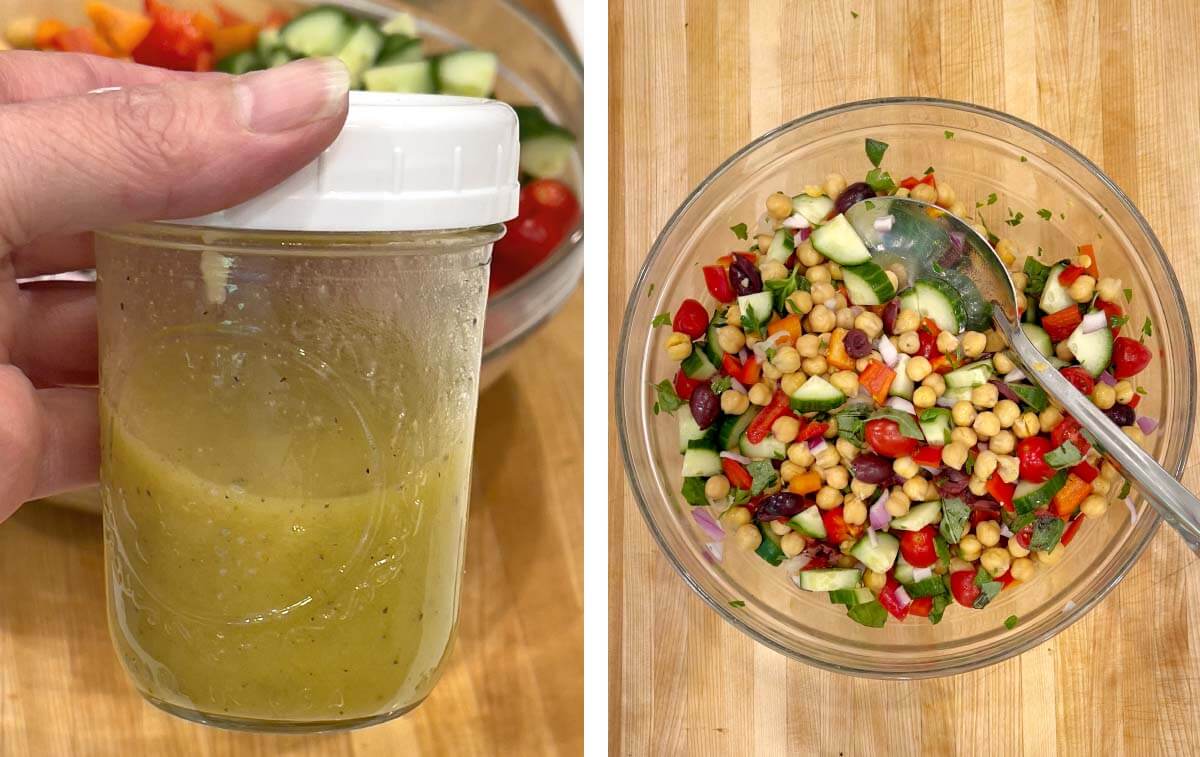Vinaigrette in a jar, salad stirred up.