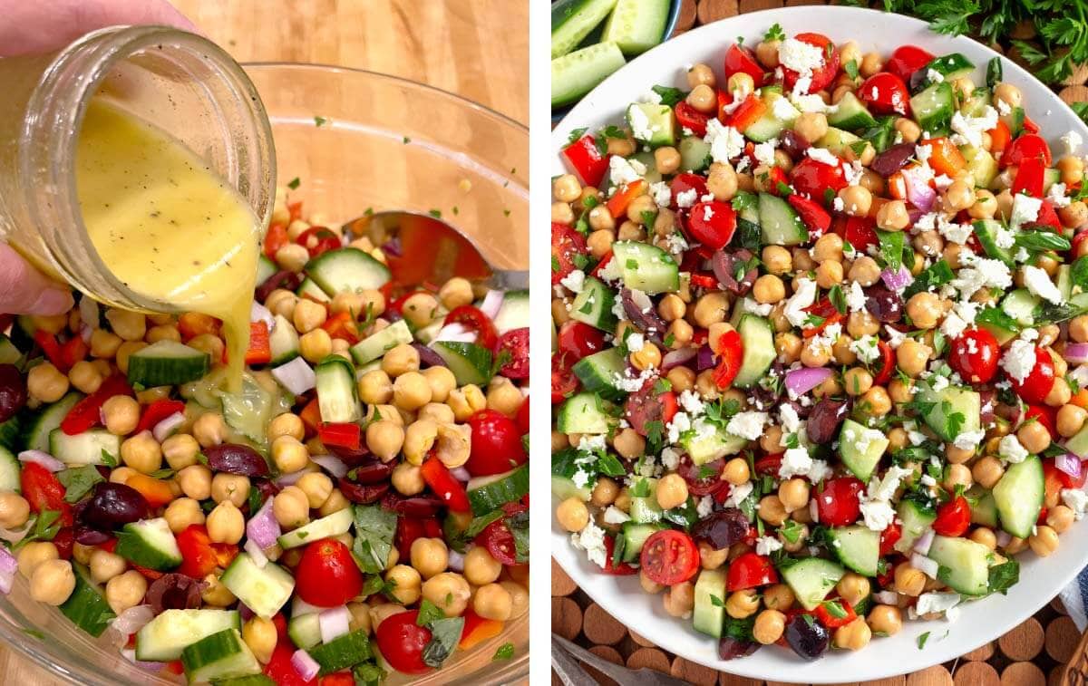 pouring dressing in bowl of vegetables, completed salad in bowl.