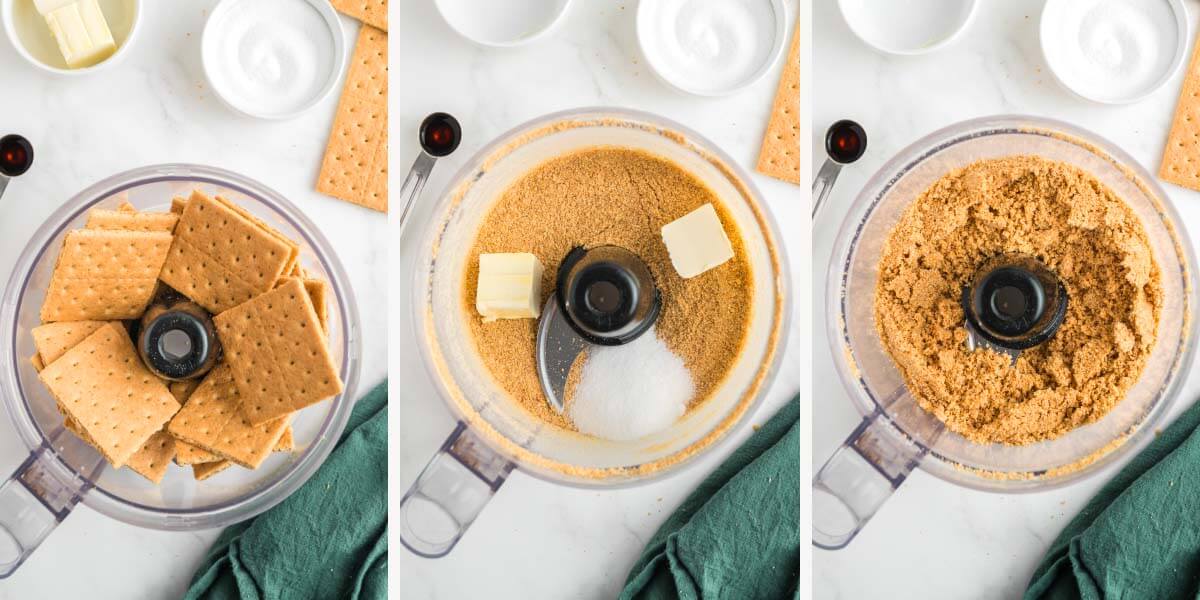 3-image collage making graham cracker crust in food processor.