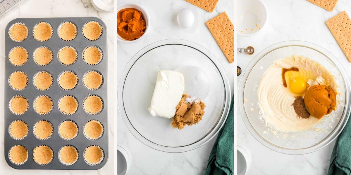 3-image collage making pumpkin cheesecake filling in a bowl.
