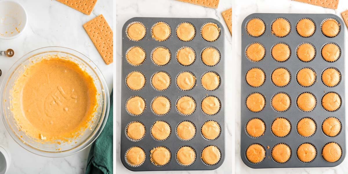 3-image collage with cheesecake filling in bowl, crusts filled and baked.