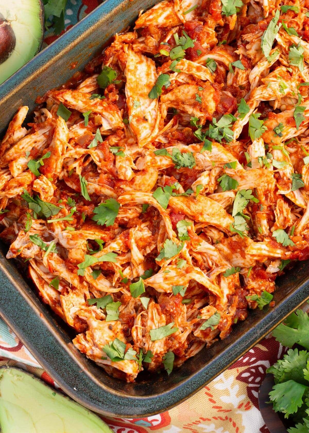 Easy Baked Salsa Chicken in baking dish closeup