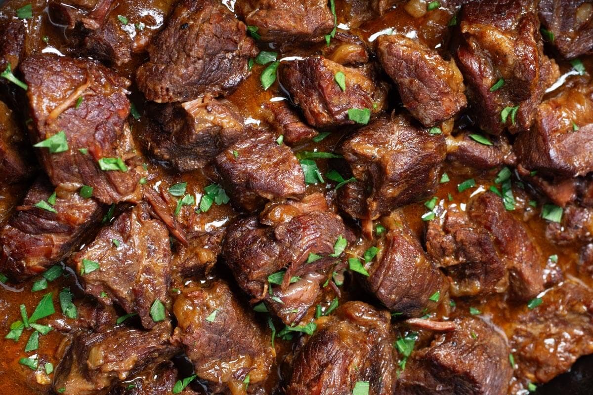 Slow Cooker Garlic Butter Steak Bites closeup