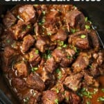 Slow Cooker Garlic Butter Steak Bites in black crock