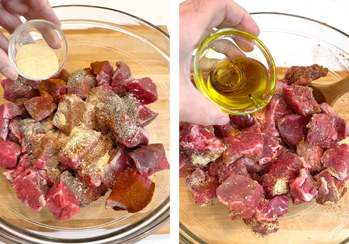 adding seasonings and olive oil to beef cubes