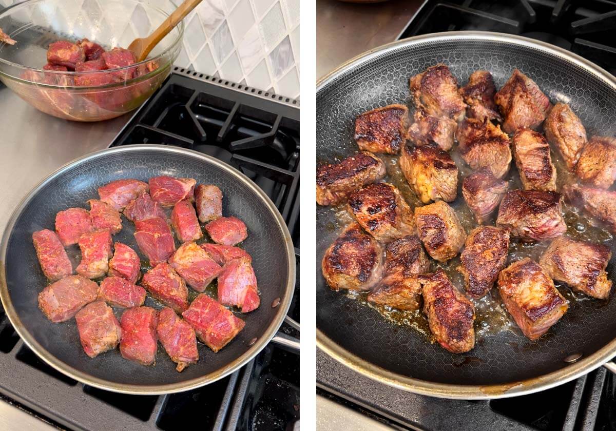 browning beef cubes in a skillet