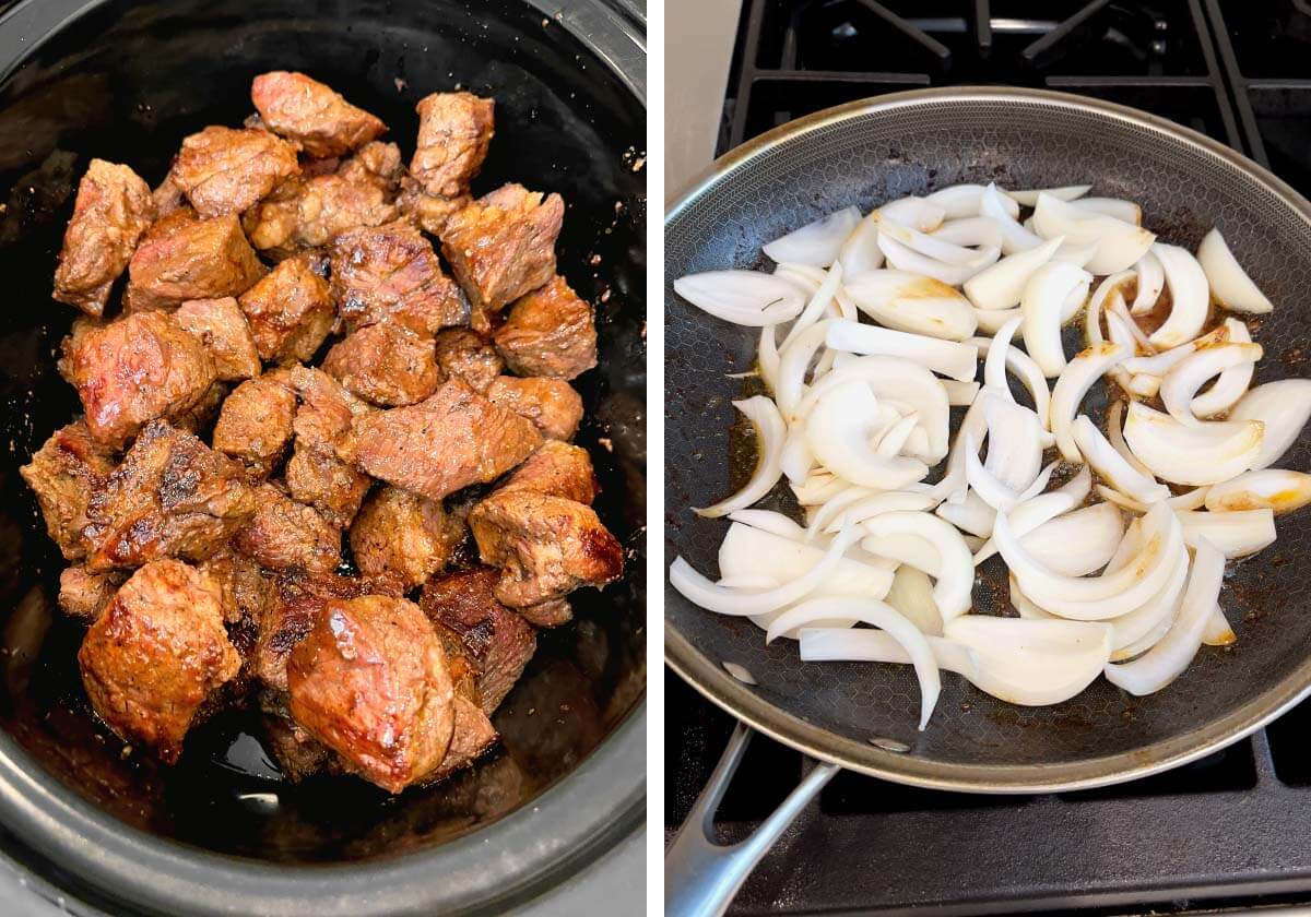 browned beef tips in crock, sautéing onion in skillet.