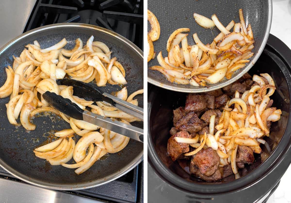 browning onion in skillet, adding onion to beef in crock