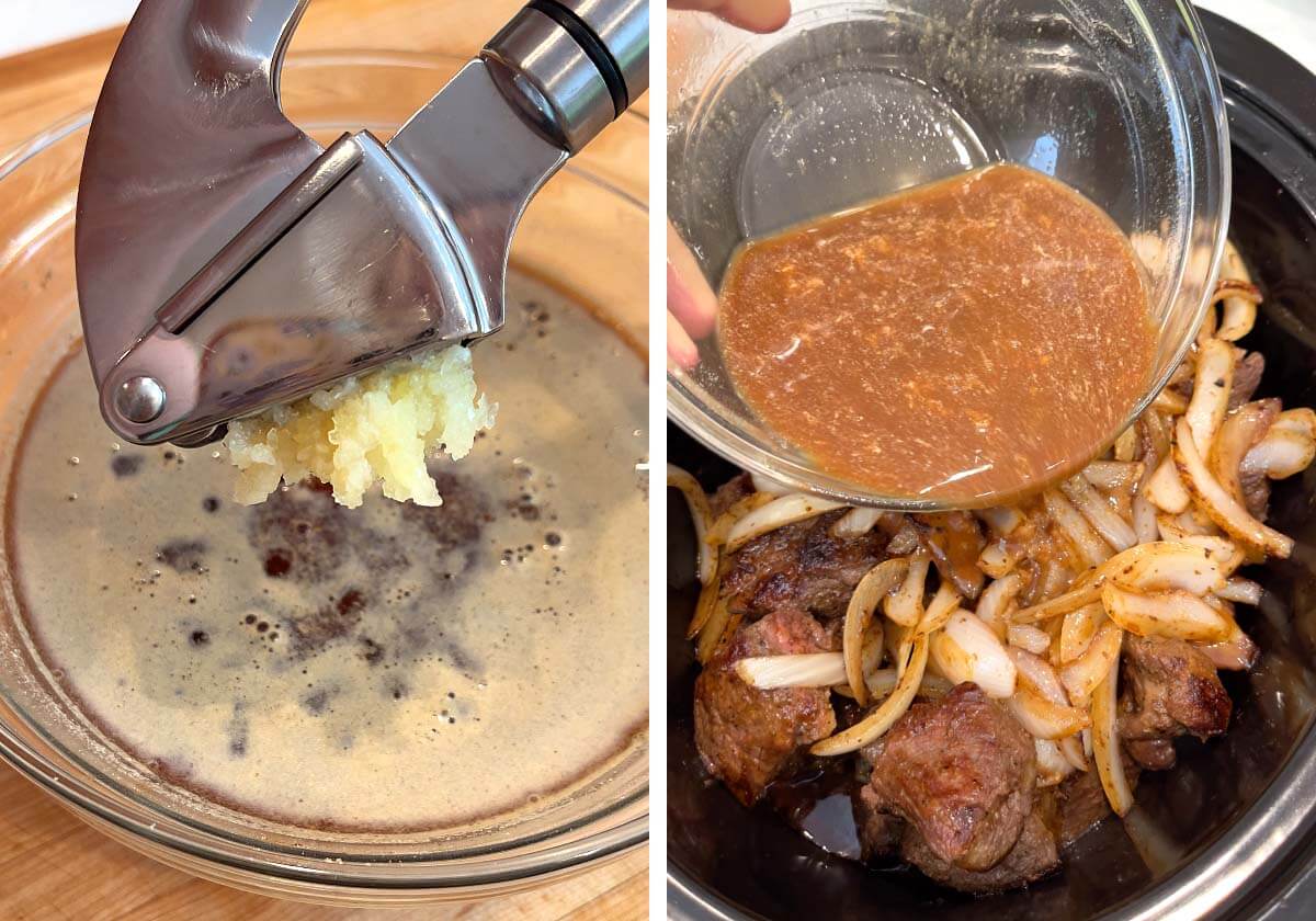 pressing garlic into beef broth mixture, pouring mixture over beef and onion.