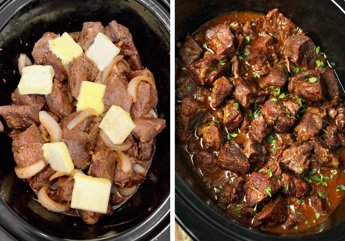 butter pats on beef cubes in crock, beef tips after cooking.
