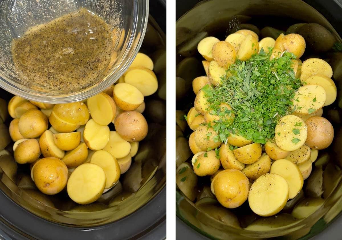 pouring garlic sauce on potatoes, herbs added