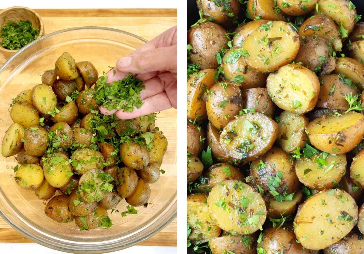 adding more herbs to cooked potatoes, closeup of cooked potatoes