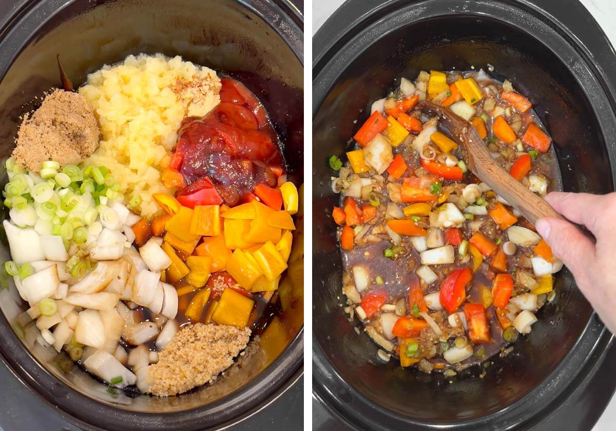 ingredients added to crock, stirring together