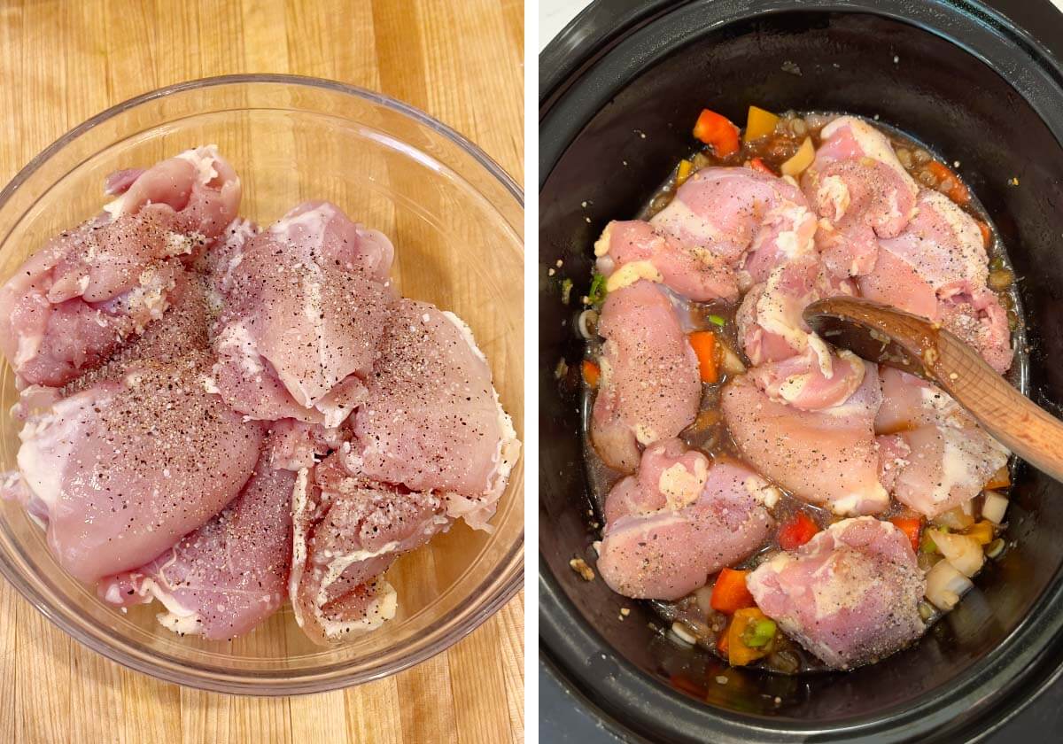 seasoned raw chicken thighs in a bowl, chicken added to crock