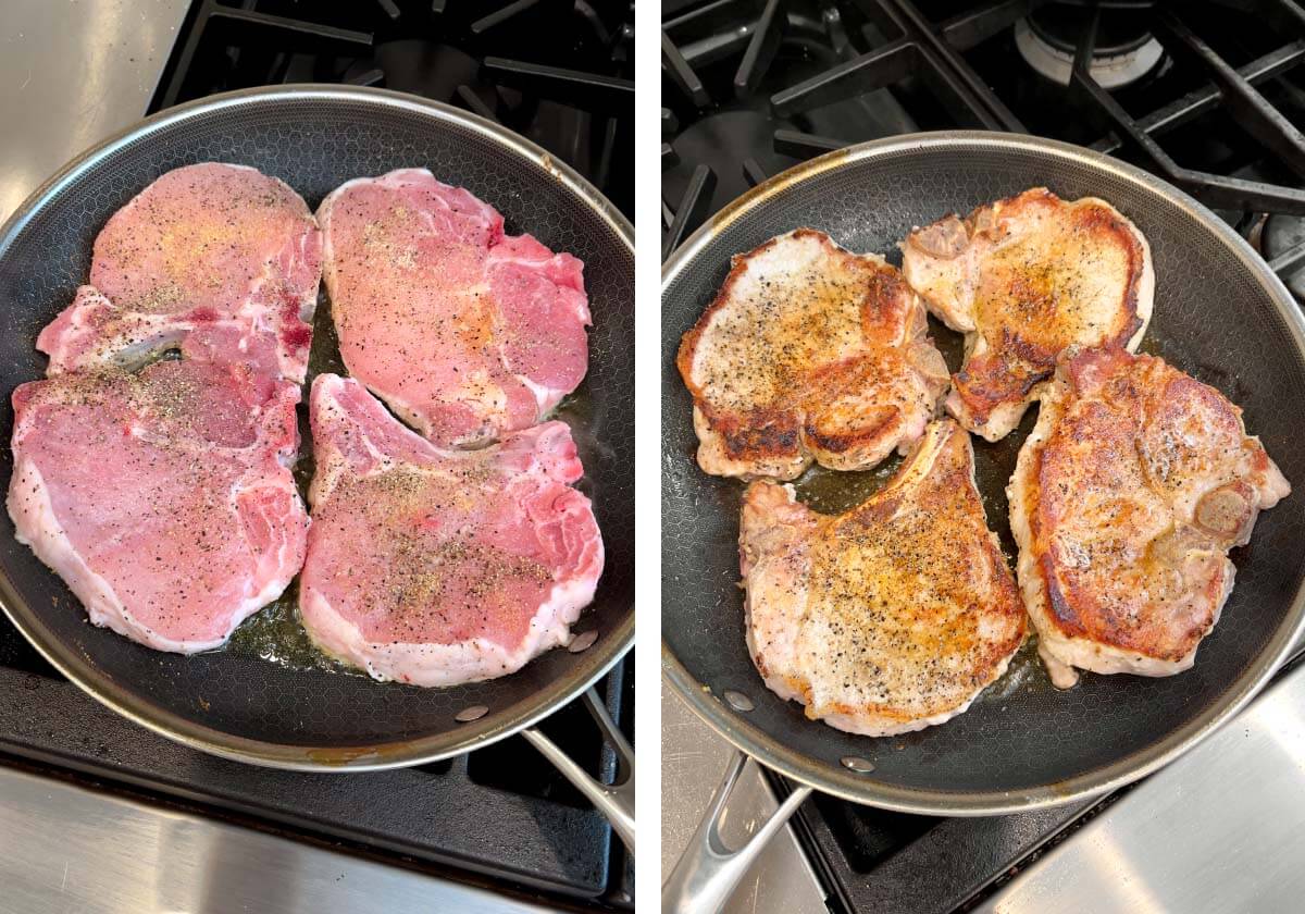 browning pork chops in a skillet